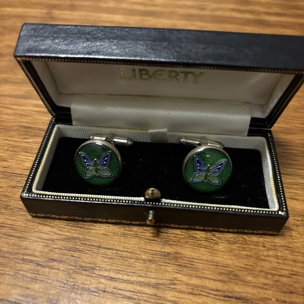 Liberty Of London Green Enamel Butterfly Sterling Silver Cufflinks Vintage 925